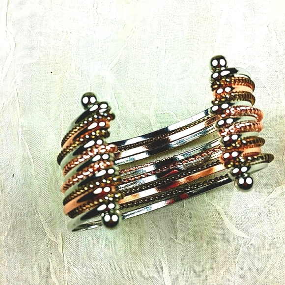 Tri-Tone Wire Cuff Bangle Bracelet Silver Gold Copper Twisted Metal Boho Chic - Picture 5 of 7